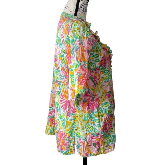 Lilly Pulitzer Silk Blouse Floral Ruffle Neck Short Sleeve Green Pink Top Size L - Picture 2 of 8